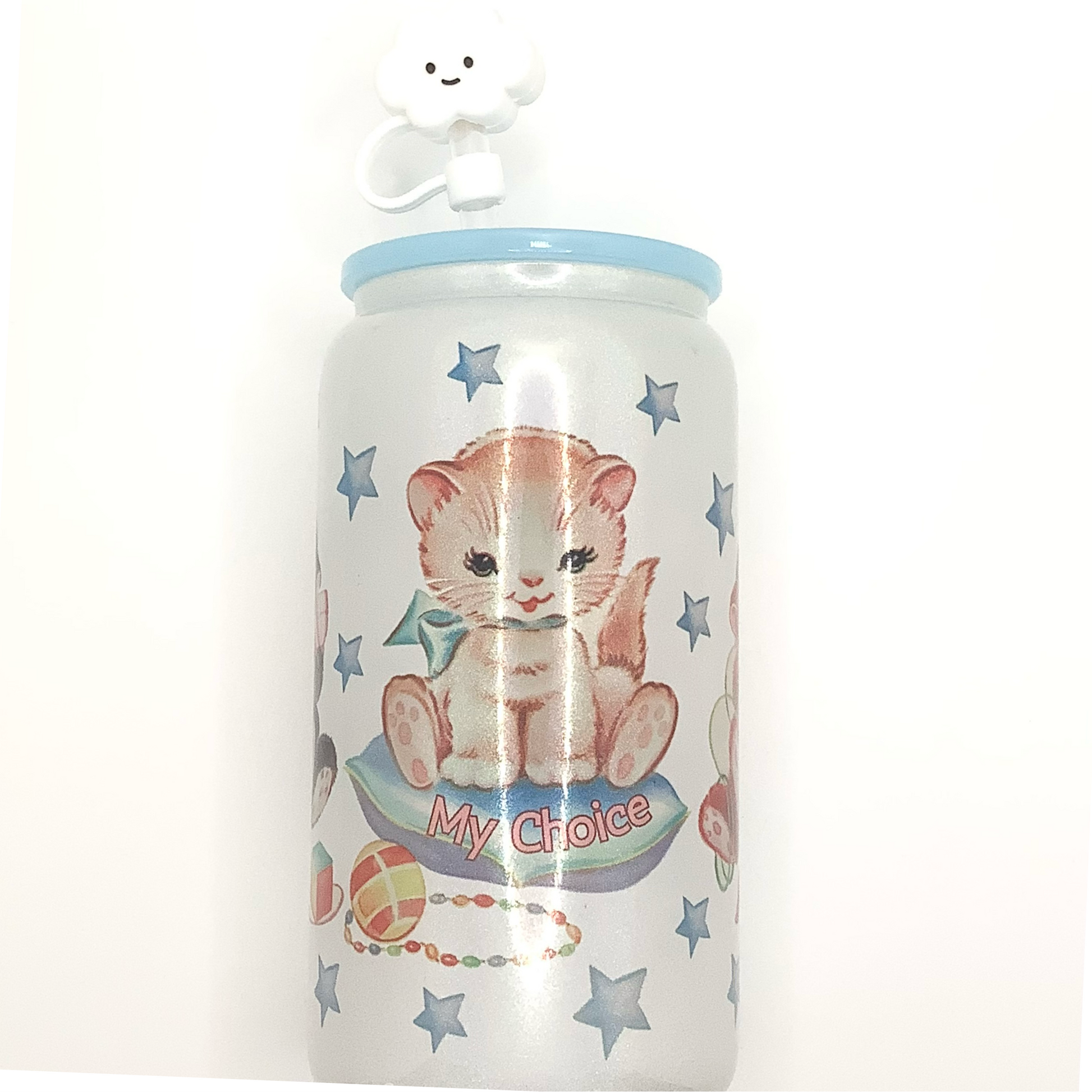Can-shaped product with a vintage cat illustration and 'My Choice' text on a white background