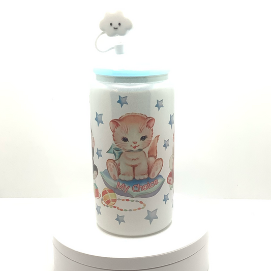 Adorable vintage kittens are sublimated on a 16z white shimmery glass can.  One kitten is sitting on a pillow with words My Choice and light blue stars are scatter as background.  Light blue acrylic lid with white smiling cloud straw cover. 