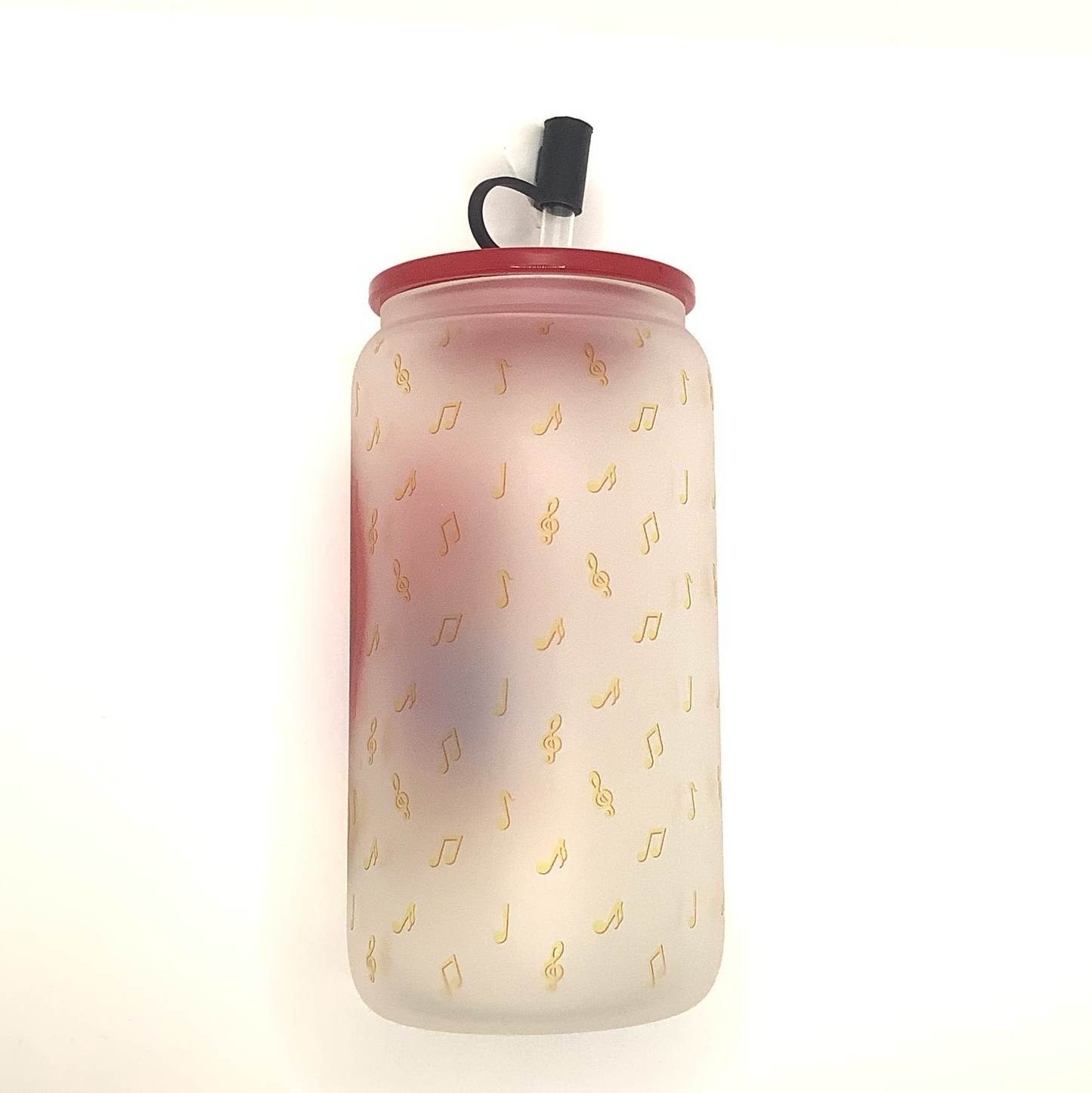 16 oz frosted glass can with sublimated image of a bear in a blue jacket singing "Choose Me" into a heart shaped microphone. Yellow musical notes are the background. Red acrylic lid  with balck heart straw cover 